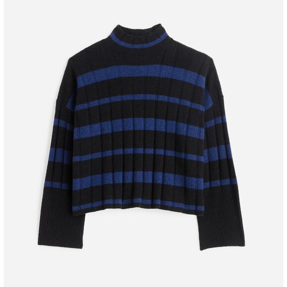 Madewell Ribbed Cashmere-Wool Blend Pullover Sweater Womens XXS Blue Black Knit - Picture 1 of 8